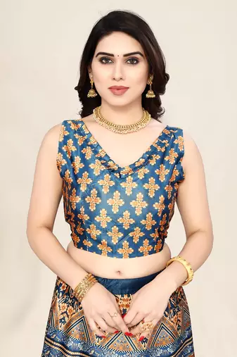 Blue Satin Silk Lehenga Choli Set With Dupatta
