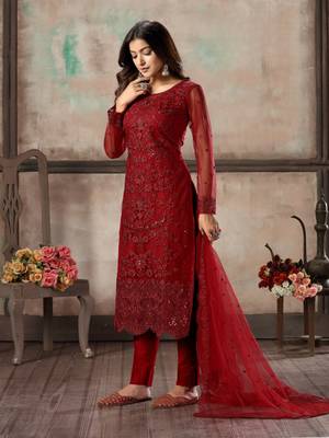 Maroon embroidered net semi stitched salwar suit 2