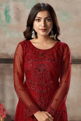 Maroon embroidered net semi stitched salwar suit 3