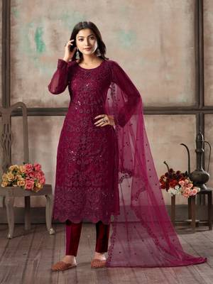 Purple embroidered net semi stitched salwar suit 1