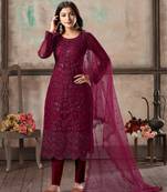 Purple embroidered net semi stitched salwar suit