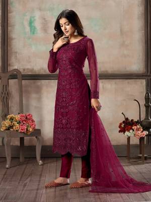 Purple embroidered net semi stitched salwar suit 2