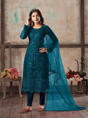 Teal embroidered net semi stitched salwar suit 1