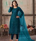 Teal embroidered net semi stitched salwar suit