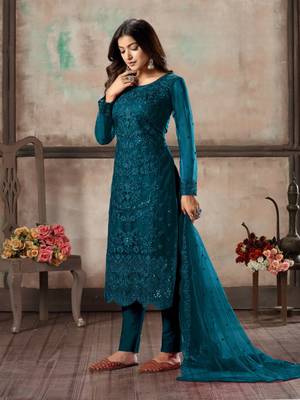 Teal embroidered net semi stitched salwar suit 2