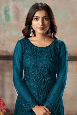 Teal embroidered net semi stitched salwar suit 3