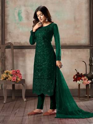 Green embroidered net semi stitched salwar suit 2