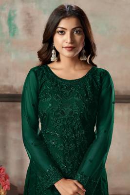Green embroidered net semi stitched salwar suit 3