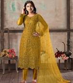 Mustard embroidered net semi stitched salwar suit