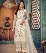 White embroidered net semi stitched salwar suit