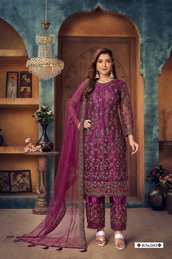 Purple embroidered net semi stitched salwar suit
