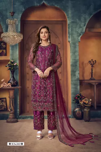Purple embroidered net salwar suit
