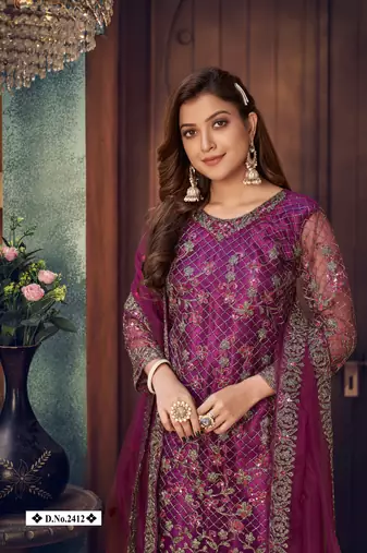 Purple embroidered net salwar suit