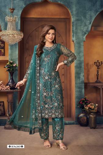 Teal embroidered net semi stitched salwar suit