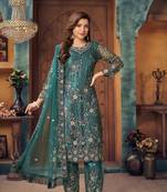 Teal embroidered net semi stitched salwar suit