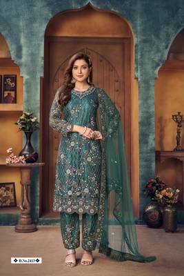 Teal embroidered net salwar suit 2
