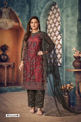 Maroon embroidered net semi stitched salwar suit
