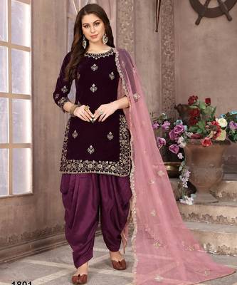 Purple embroidered velvet patiyala suit 1
