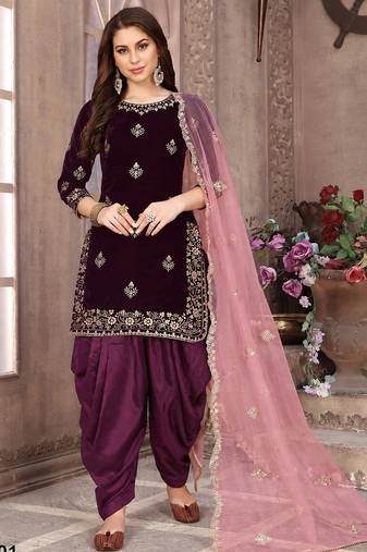 Purple embroidered velvet patiyala suit