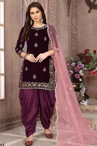 Purple embroidered velvet patiyala suit