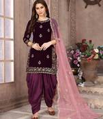 Purple embroidered velvet patiyala suit