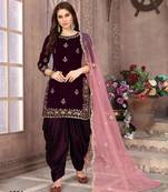 Purple embroidered velvet semi stitched patiyala suit