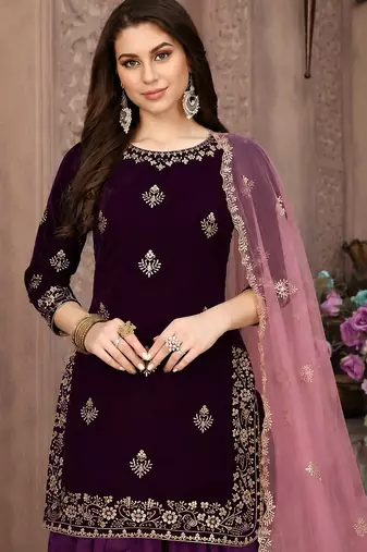 Purple embroidered velvet patiyala suit