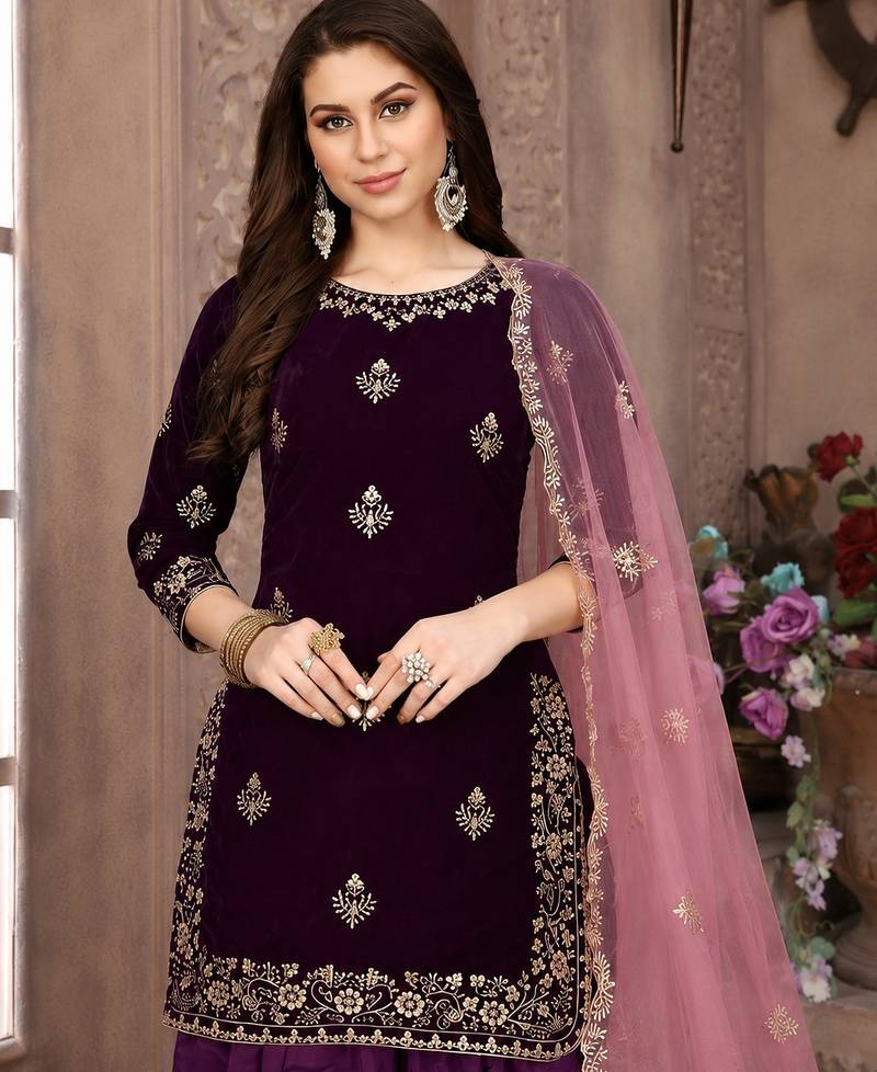 Purple embroidered velvet patiyala suit