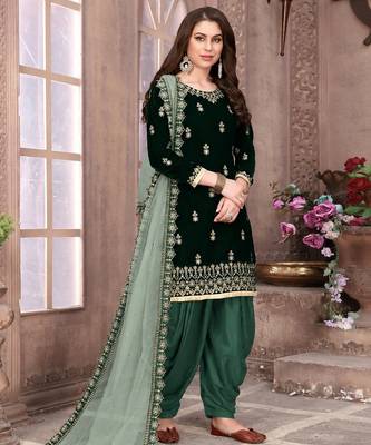 Green embroidered velvet semi stitched patiyala suit 1