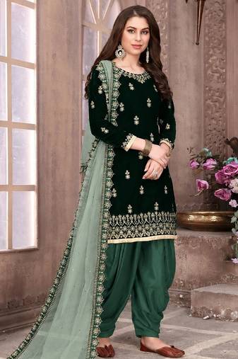 Green embroidered velvet semi stitched patiyala suit
