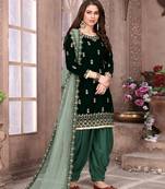 Green embroidered velvet semi stitched patiyala suit