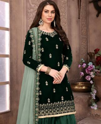 Green embroidered velvet semi stitched patiyala suit 2