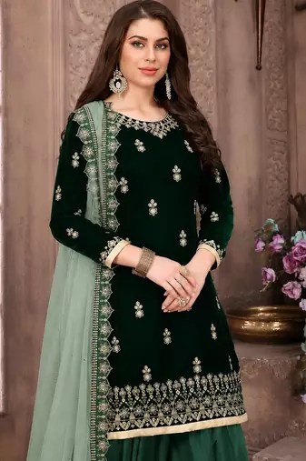 Green embroidered velvet semi stitched patiyala suit