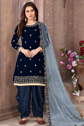 Navy blue embroidered velvet patiyala suit