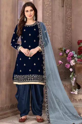 Navy blue embroidered velvet patiyala suit