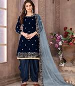 Navy blue embroidered velvet patiyala suit