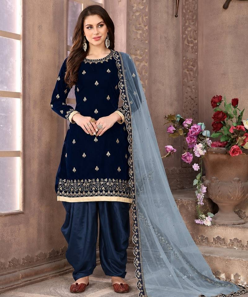 Navy blue embroidered velvet patiyala suit