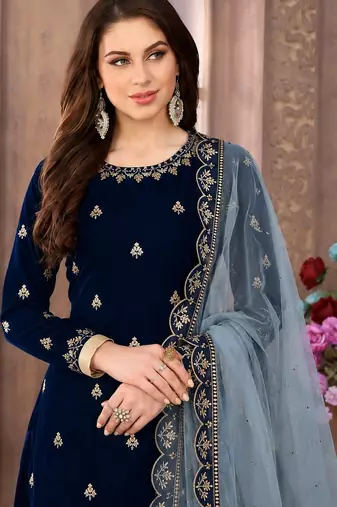 Navy blue embroidered velvet patiyala suit