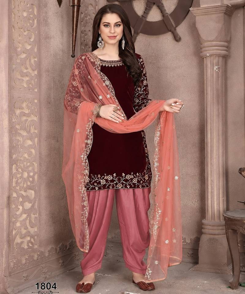 Maroon embroidered velvet Salwar suit