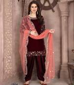 Maroon embroidered velvet semi stitched anarkali suit