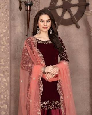 Maroon embroidered velvet Salwar suit 2