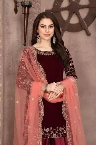 Maroon embroidered velvet Salwar suit