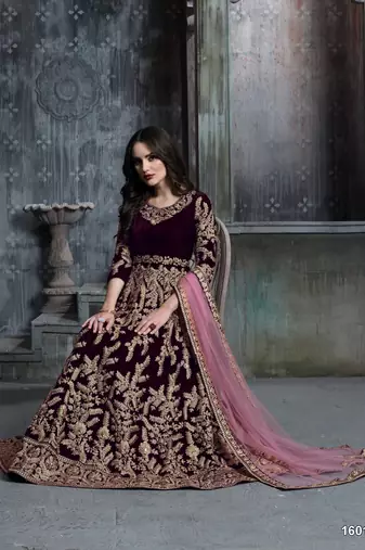 Dark purple embroidered velvet patiyala suit