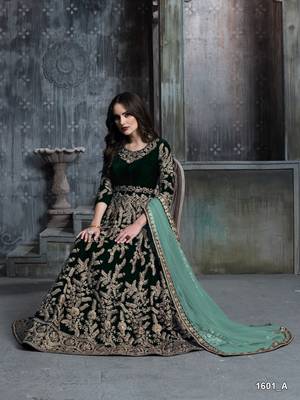 Dark green embroidered velvet patiyala suit 1