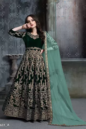 Dark green embroidered velvet patiyala suit