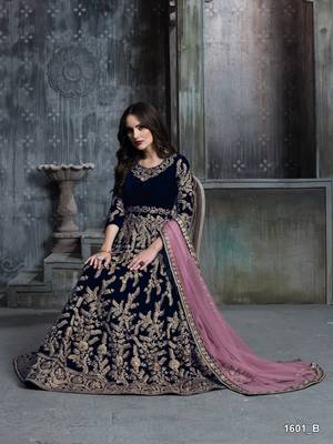Navy blue embroidered velvet patiyala suit 1