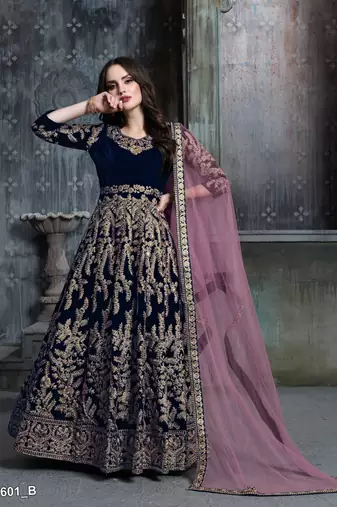 Navy blue embroidered velvet patiyala suit