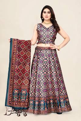 Navy Blue Satin Silk Lehenga Choli Set With Dupatta 1