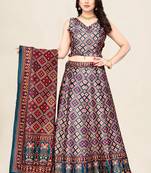 Navy Blue Satin Silk Lehenga Choli Set With Dupatta