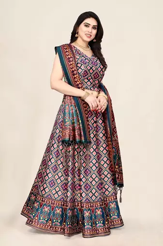 Navy Blue Satin Silk Lehenga Choli Set With Dupatta
